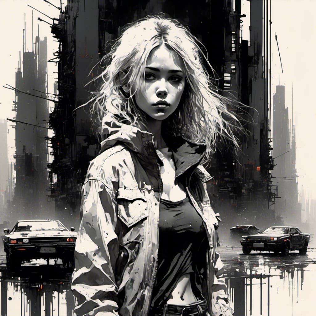 <lora:After Life:1.0> "8k; a black and white futuristic stunning athletic kitsch anime blonde relistic cyberpunk girl walking out side; clo...