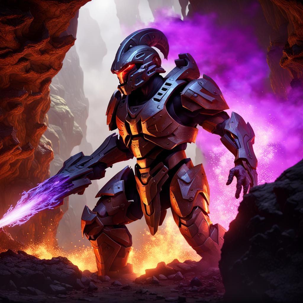 spartan from halo mixed with a golem, fighting a dragon, cave, dragon