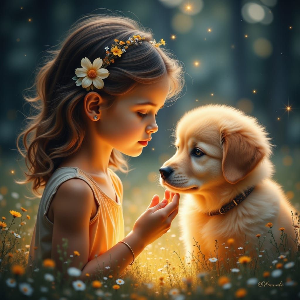 Girl and Golden Retriever in Ethereal Cosmic Landscape