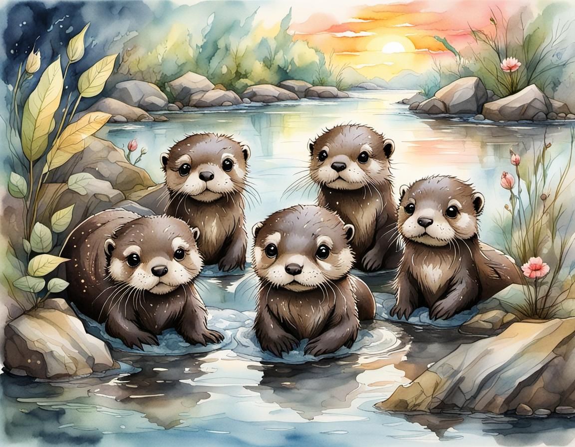 Babies otters playing in a river  by @CloST 