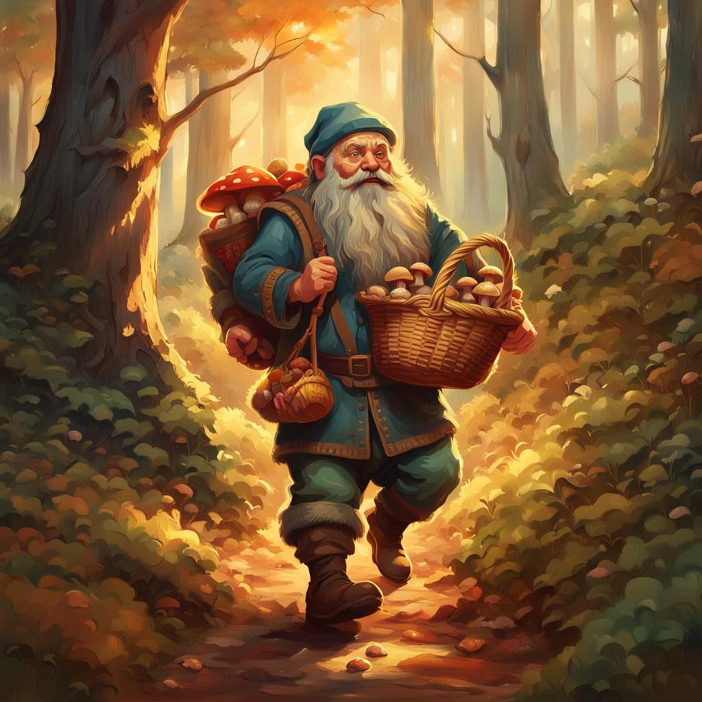 a charming dwarf with a small belly carries a basket of mush...