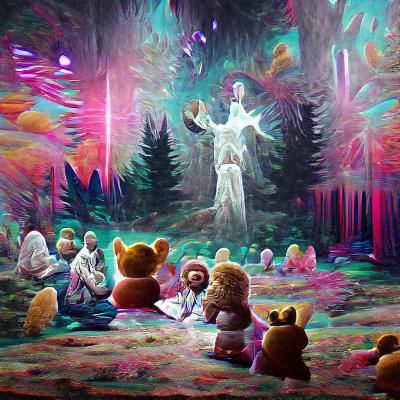 Evil TeddyBear Jesus Preaching to Other TeddyBears in a Forr...