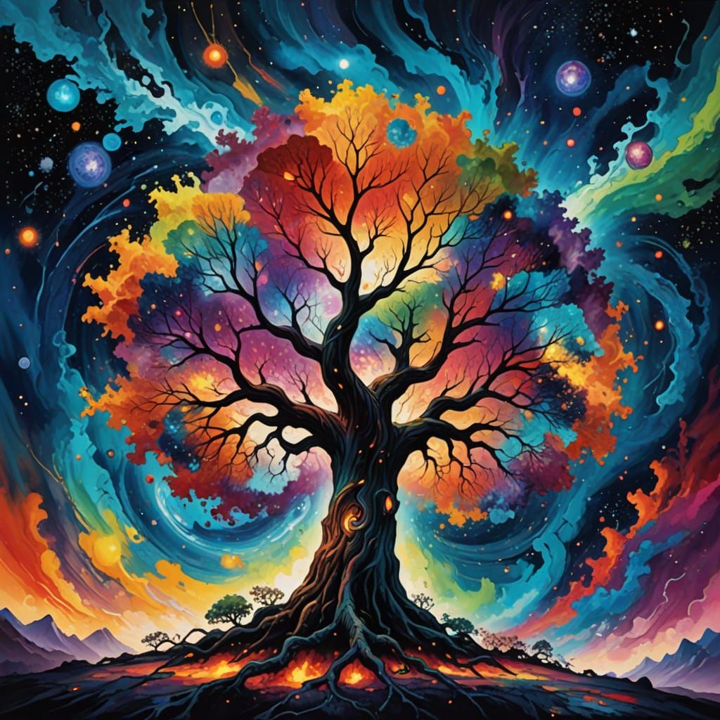 A colossal, ancient tree rooted in a swirling vortex of galaxies, its branches filled with chakra crystals ...  by @HowlingWolf