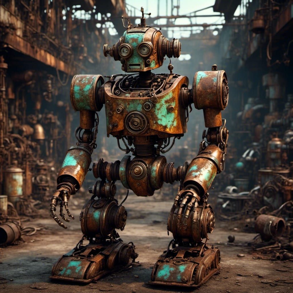 Full body portrait of a vintage robot in junkyard - AI Generated ...