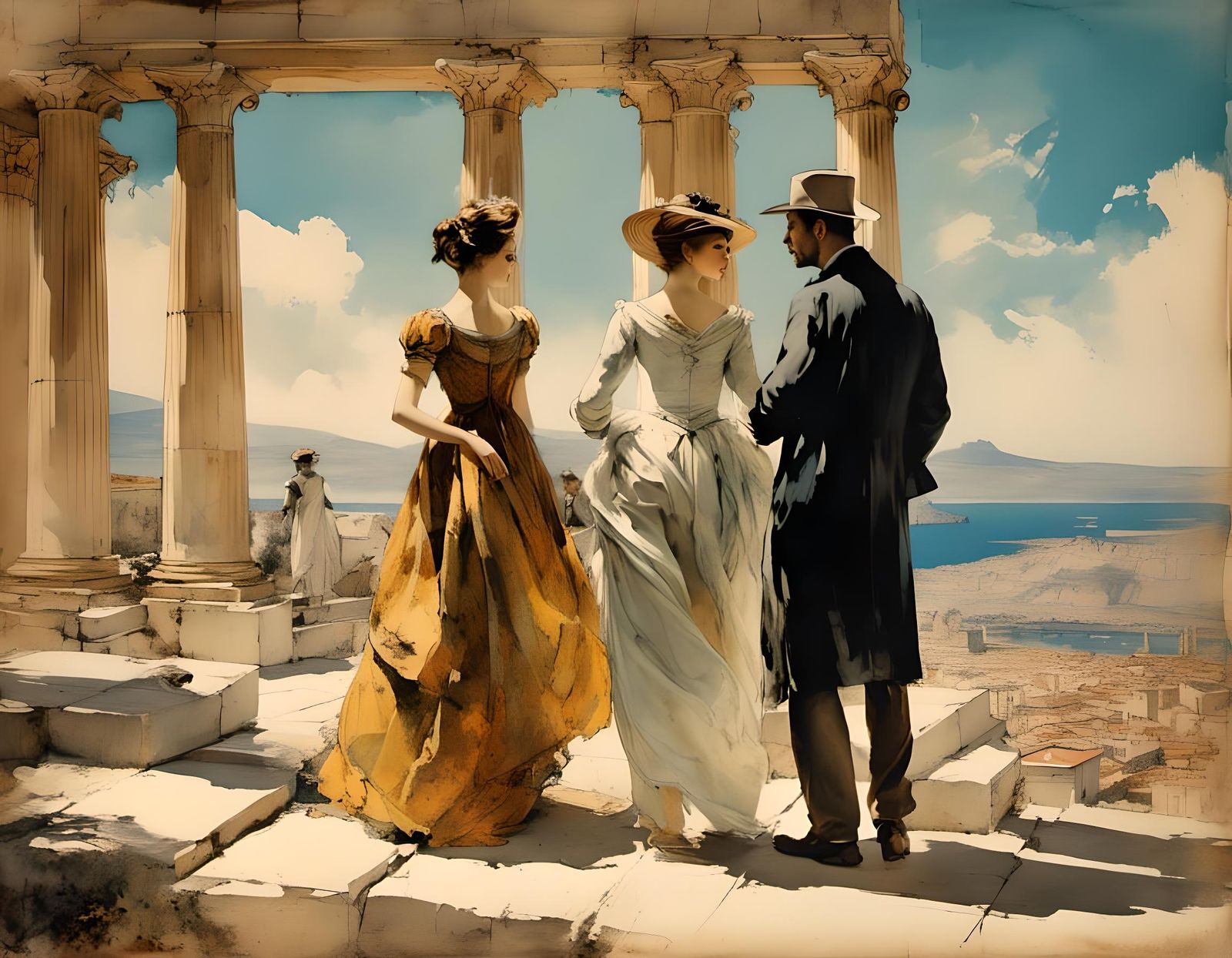 19th century Grand Tour Athens some well-dressed tourists lo...