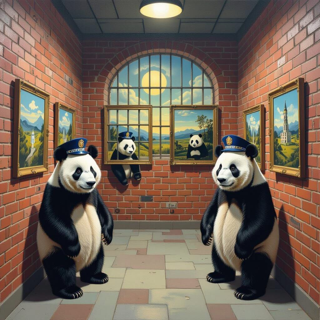 A hyper-realistic prison cell features brick walls on three sides and iron bars at the front. Twenty-one surrealist paintings in the style o... - Start Image 1