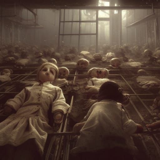 A creepy doll factory with rows of lifeless dolls staring bl...