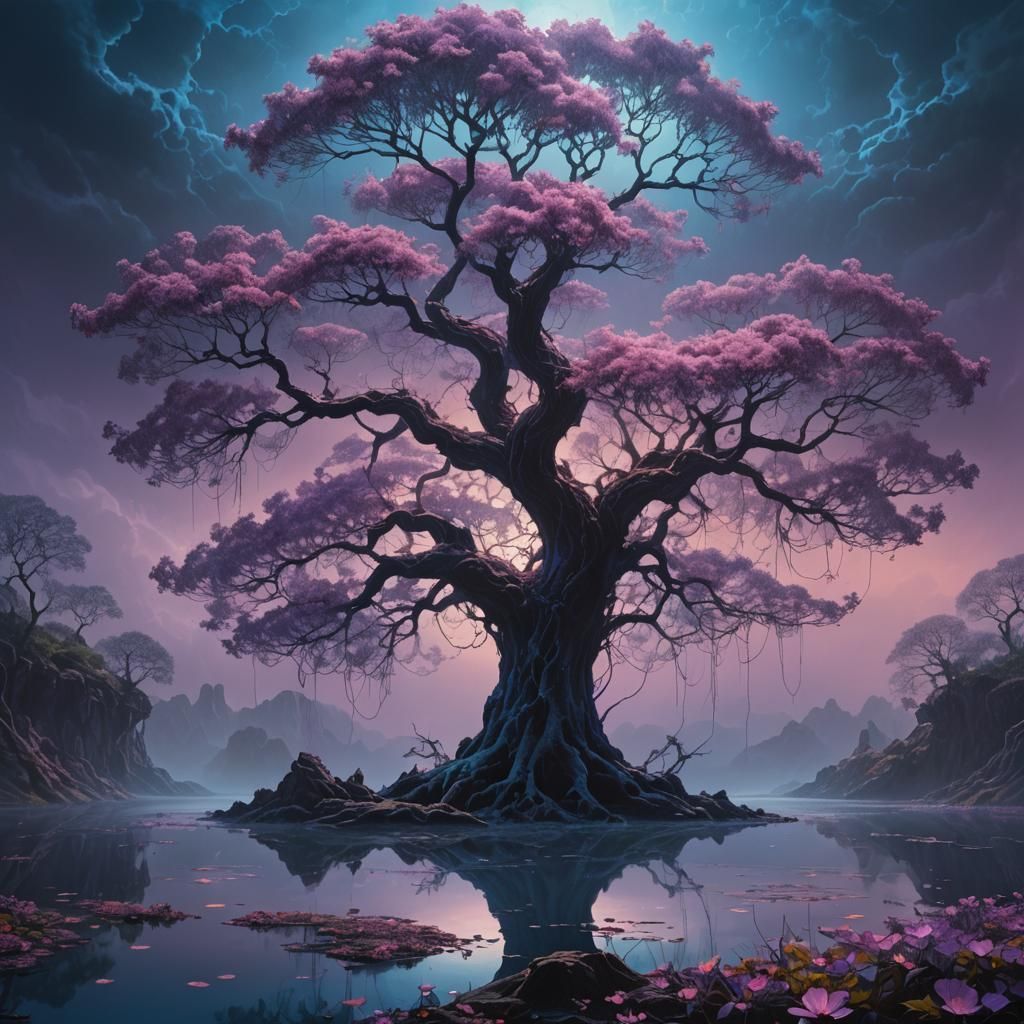 a huge glowing blossom tree on a small island surrounded by ...