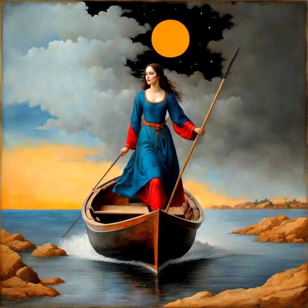 Medieval Lady on a Boat, Illustrated in Vibrant Colors