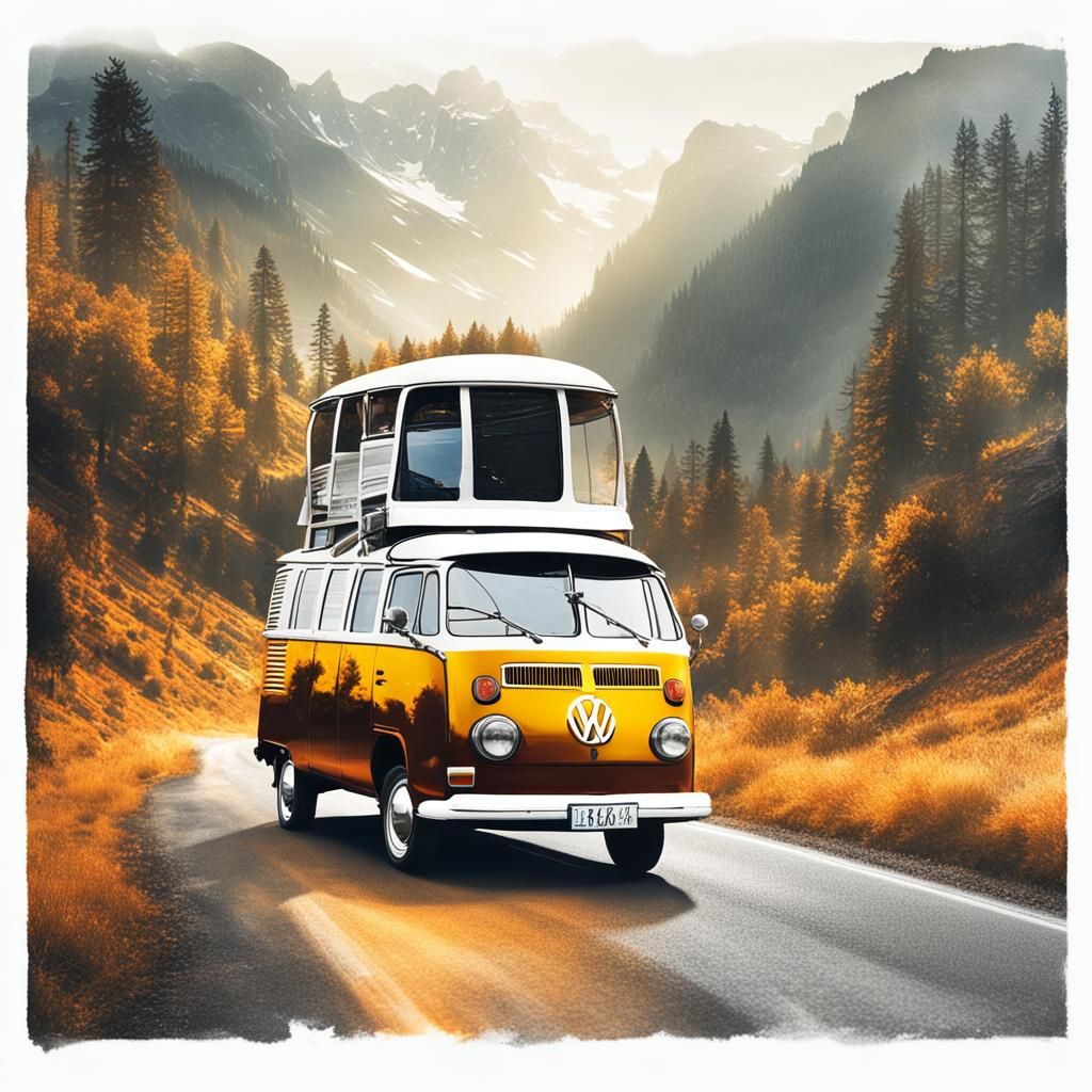 A classic VW-bus on a Mountain road