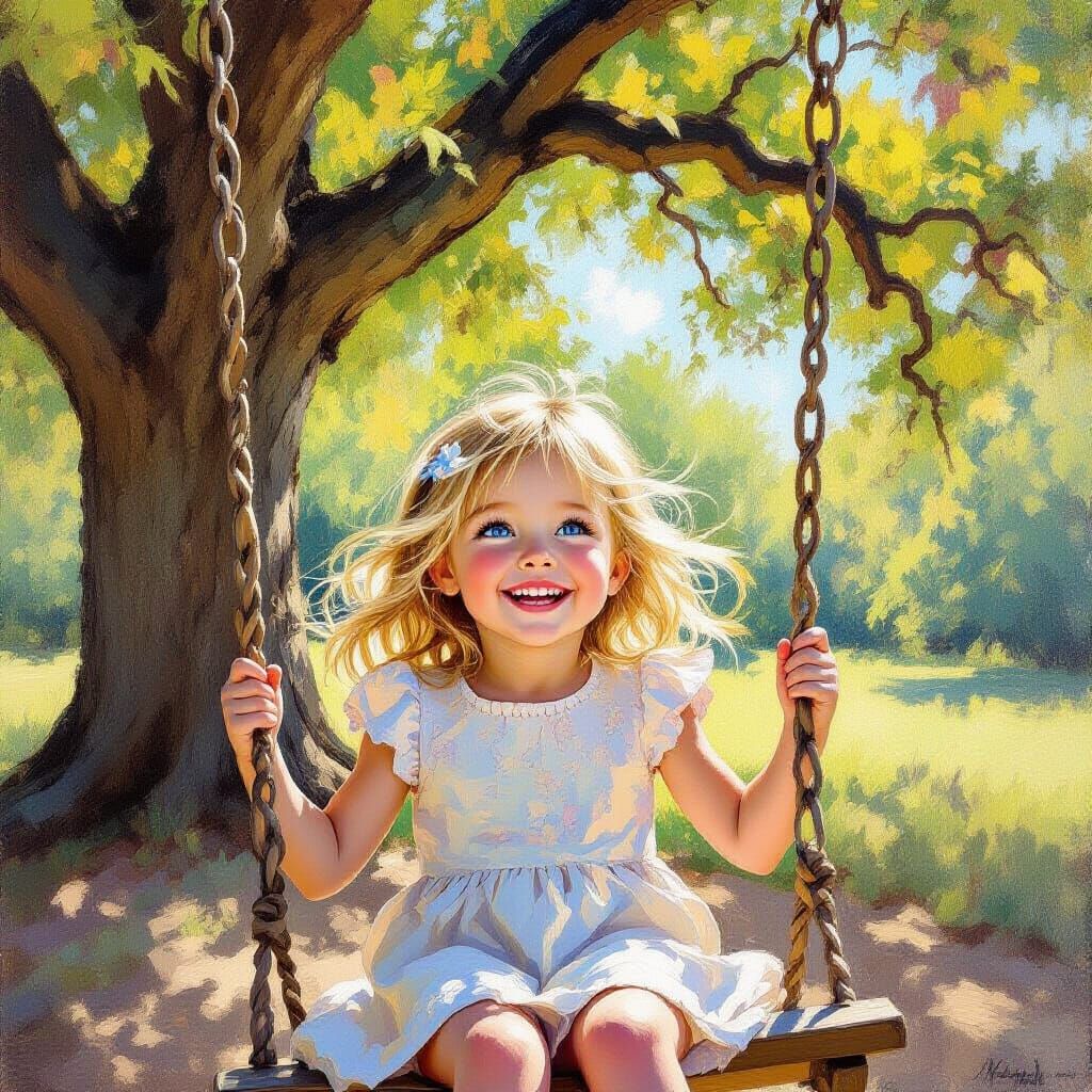 Blonde Girl Giggles on Swing in Monet-Inspired Oil Painting