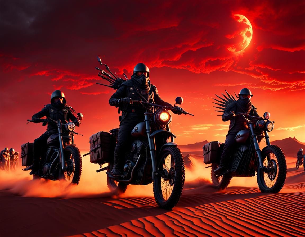 The four apocalyptic riders riding over skulls and bones in ...