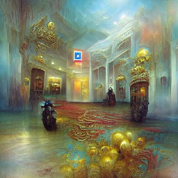 Ornate baroque shimmering fantasy hotel lobby Beksinski