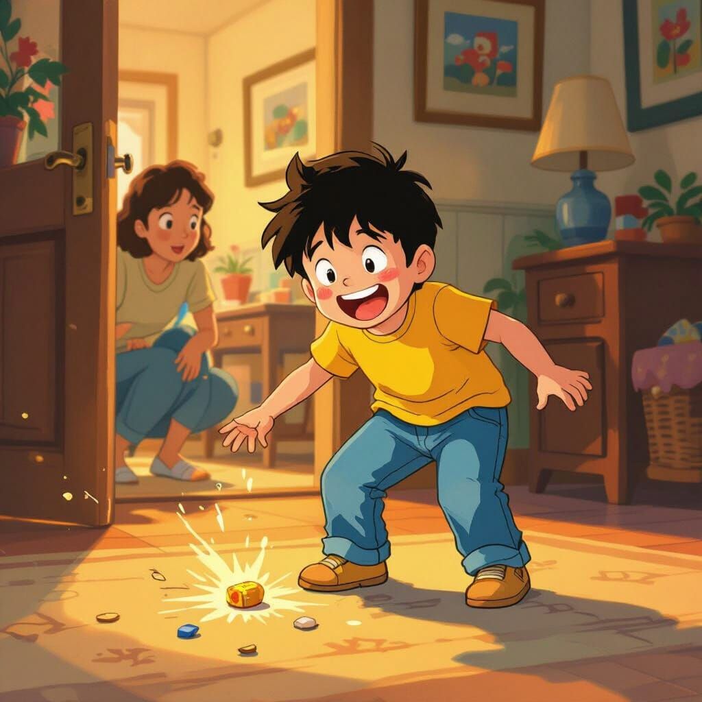 Boy's Late Night Laughter, Whimsical Illustration