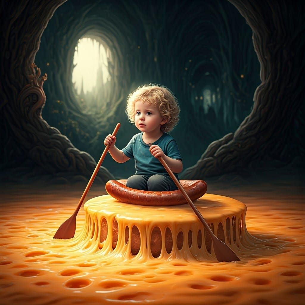 Boy Navigates Cheese Sea with Bagel Boat