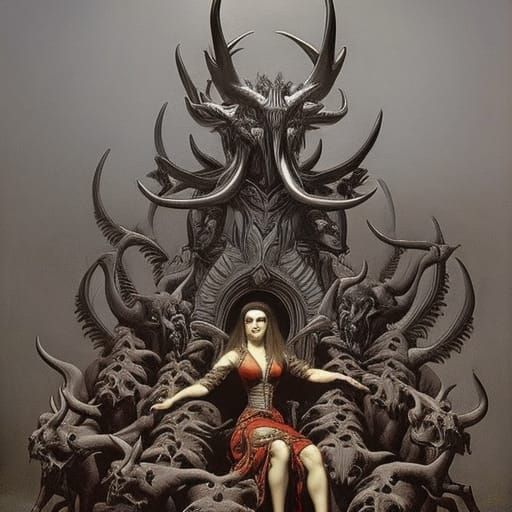 a woman sitting on a scarlet colored wild beast with 7 heads and 10 horns