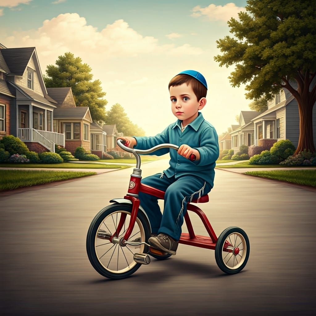 Boy on Tricycle in Rockwell-esque Style