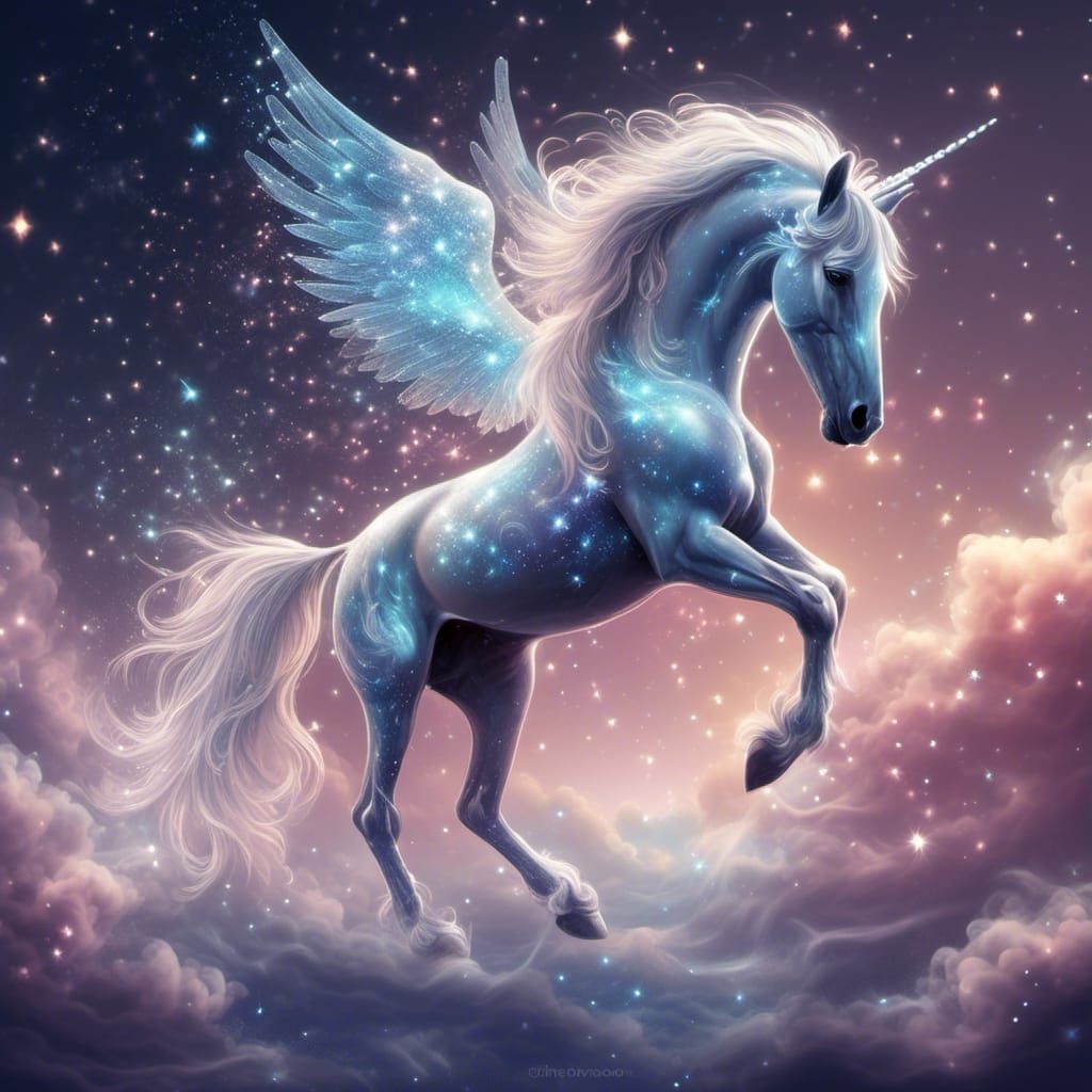 <lora:Ethereal:1.0> A stunningly beautiful pegasus, magical constellations background, ethereal, made of smoke, glowing rain stars, glittere...