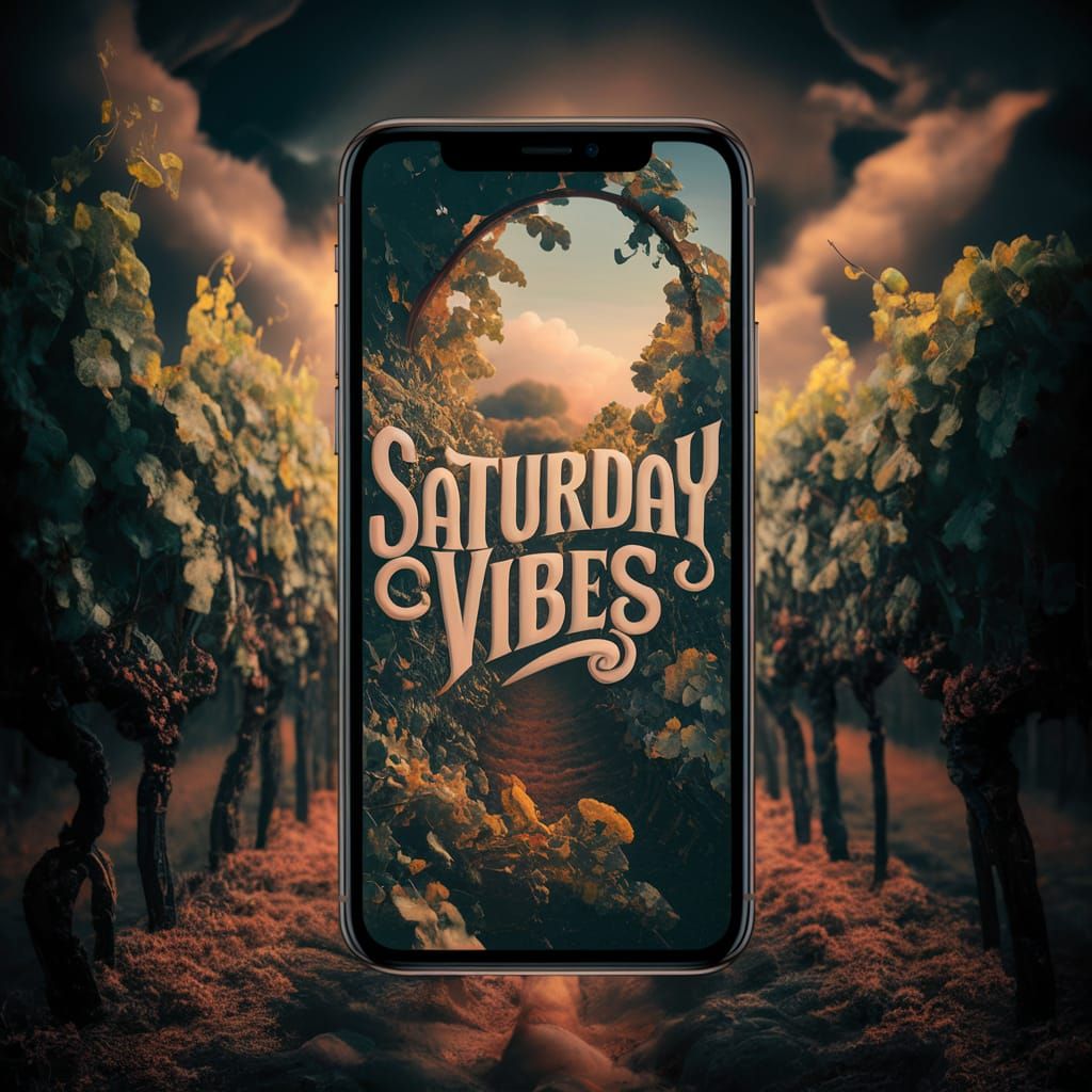 close up of cellphone with words on screen "Saturday Vibes" ...