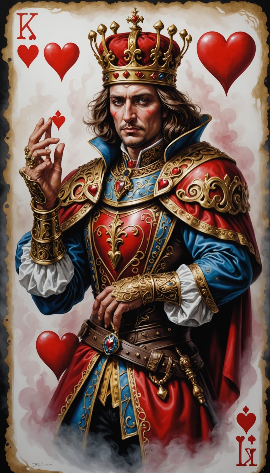 King of Hearts portrayed as if he is stepping off of his card face and coming to life airbrush art fantasy 