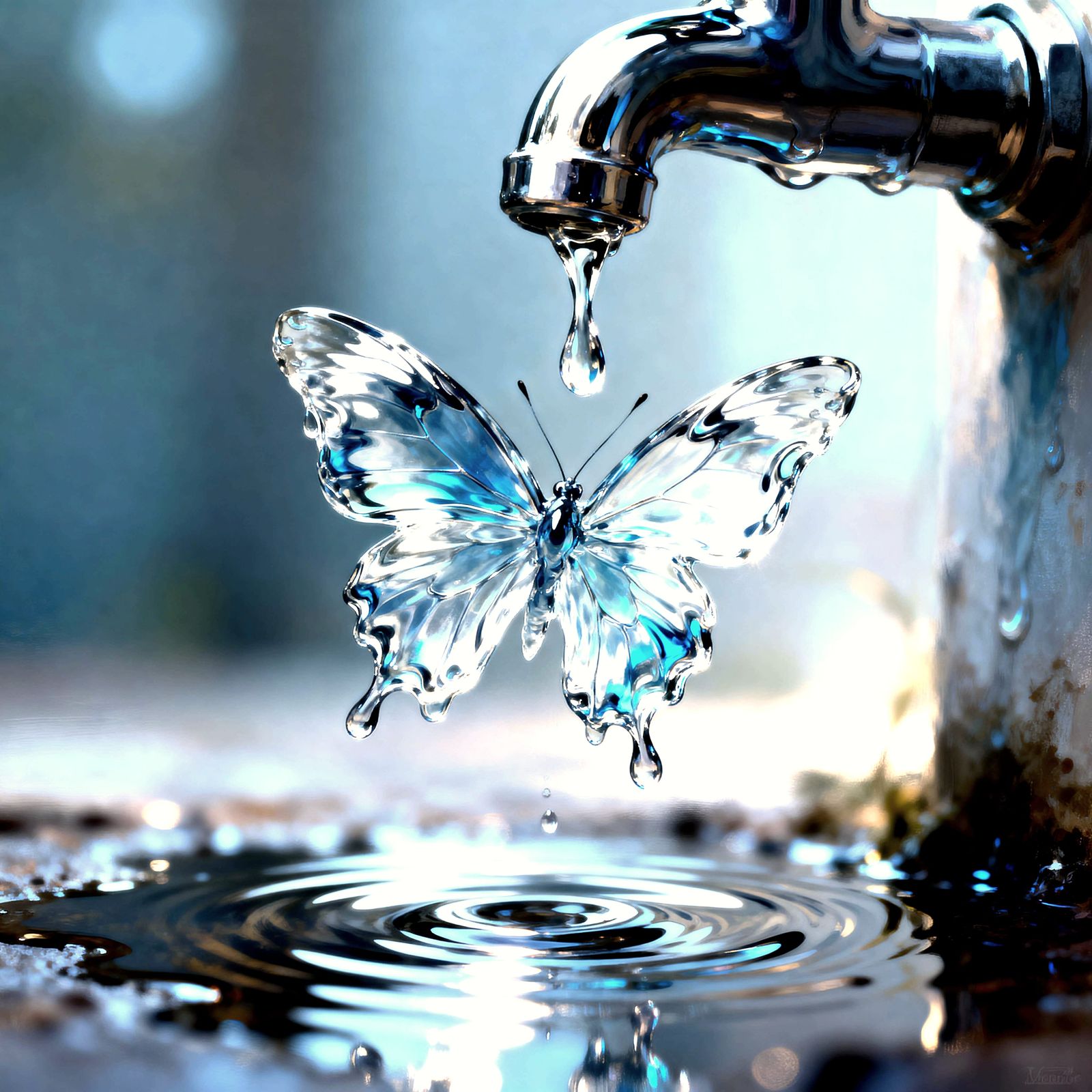 A delicate butterfly entirely made of liquid water hovers beneath a dripping faucet, its wings shimmering ...  by @Ariana do Migro 