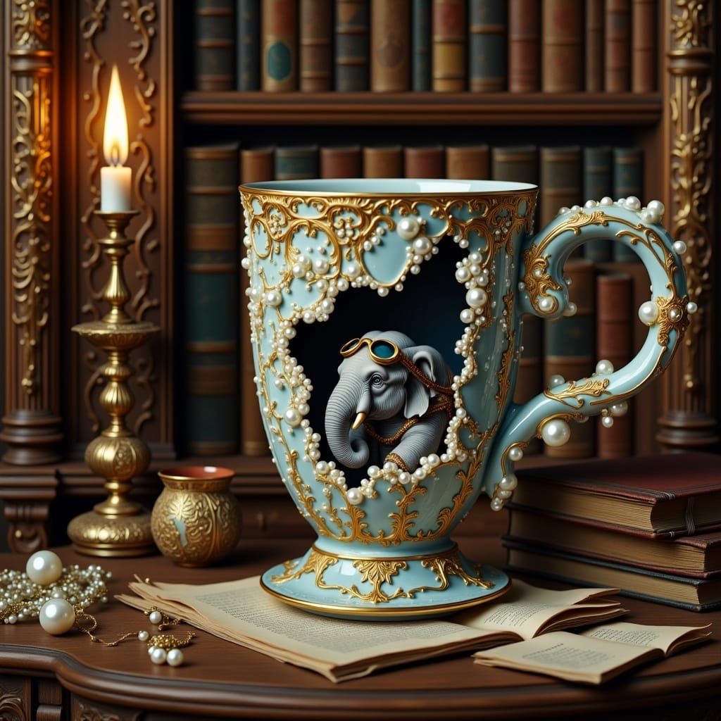 <lora:Ornamented:1.0>A large cracked porcelain mug deeply ornated with pearls and gold has a big dark whole where a tiny elephant dressed in...