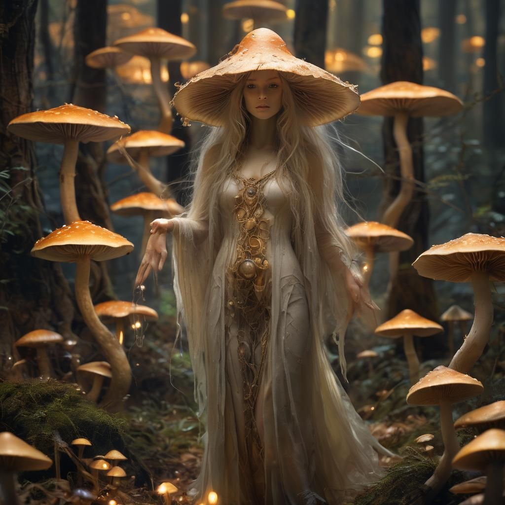 Mystical Forest Spirit Amidst Glowing Mushrooms