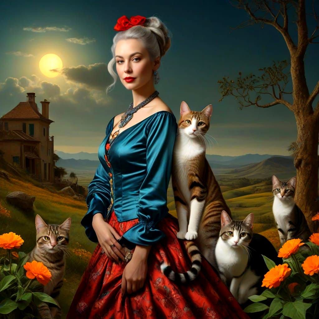 Vibrant Portrait of Elegant Lady in Whimsical Landscape
