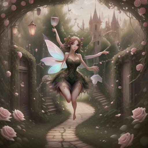 Bulbous fairy girl bouncing along the garden path sweet rose wine brought to barefeet delicate woven vines <lora:Faetalmora:1.0> 