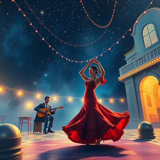 A FLAMENCO DANCER DANCING UNDER THE STARS,  A SEATED GUITAR ...