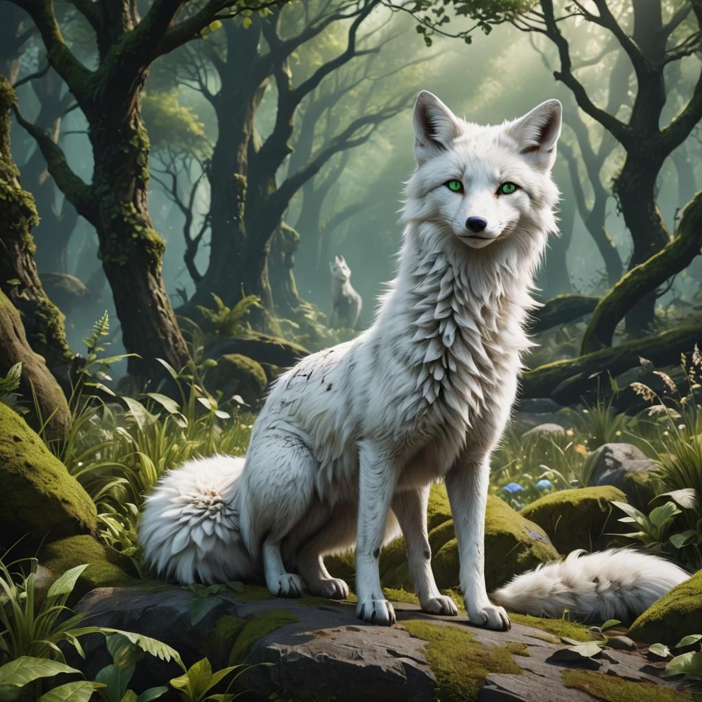 white fox bright green eyes big fluffy tail