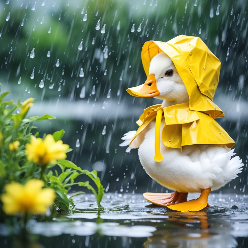 A cute white duck wearing a yellow raincoat, and yellow rainhat, raining outside  by @Terryh
