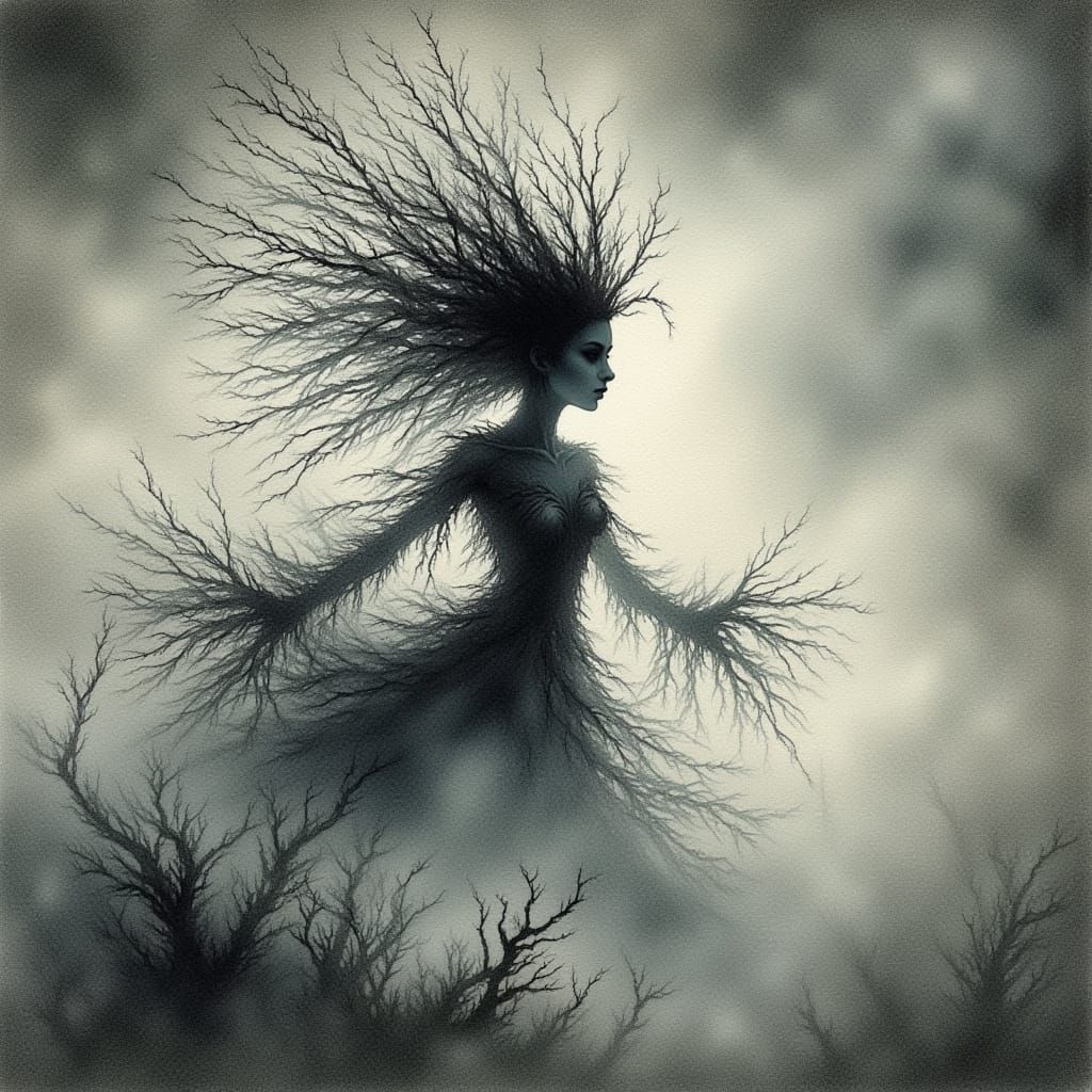 Mysterious impressionistic water color showcasing the small and windswept dark silhouettes of a female dryad  (seen from afar:1 9) (dancing:...