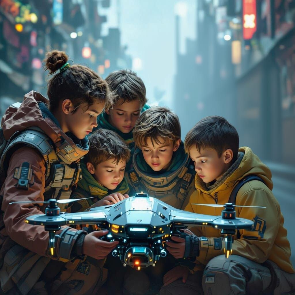 A group of futuristic kids huddled together studying a drone