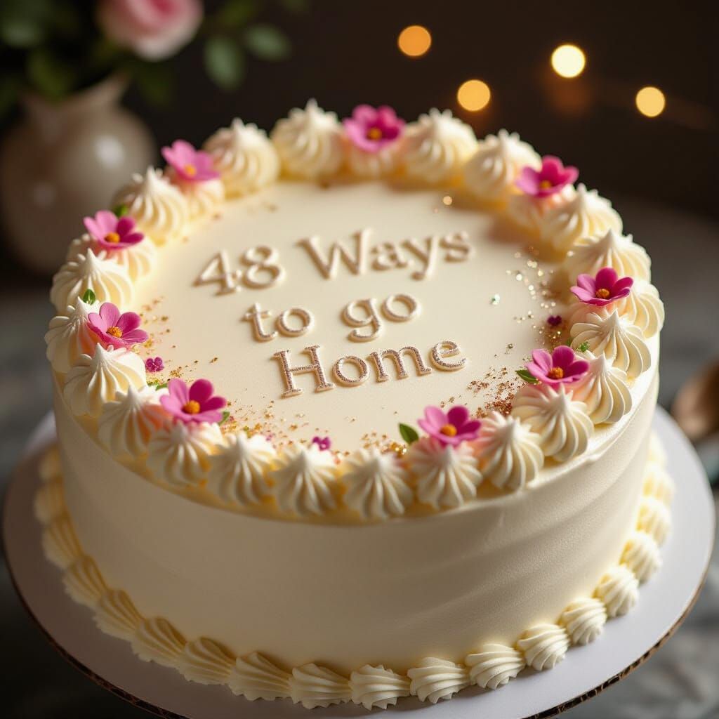 Whipped Cream Cake With "48 Ways to Go Home" Text