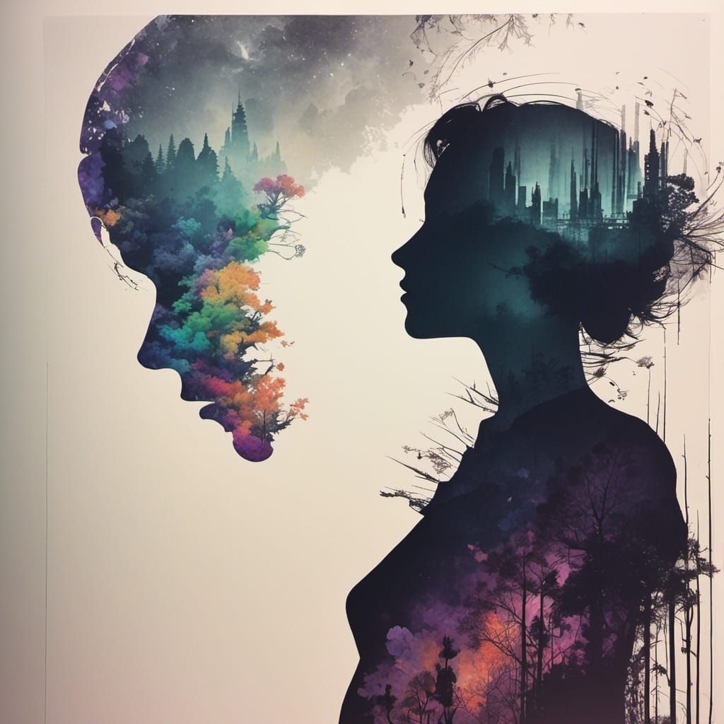  <lora:CortexFantasia:1.0> silhouette. Double exposure