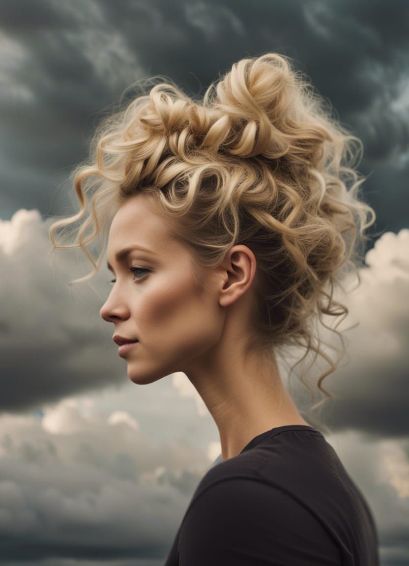 woman with blond curly hair in a loose bun infant of cloudy sky - AI  Generated Artwork - NightCafe Creator