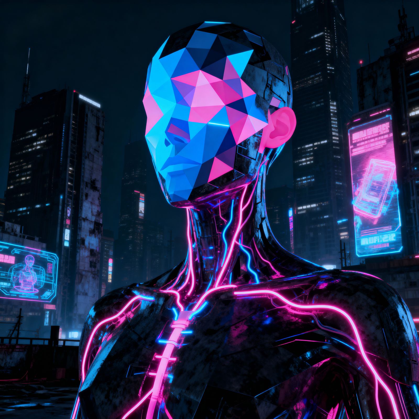 A humanoid figure with a face made of shifting geometric fra...