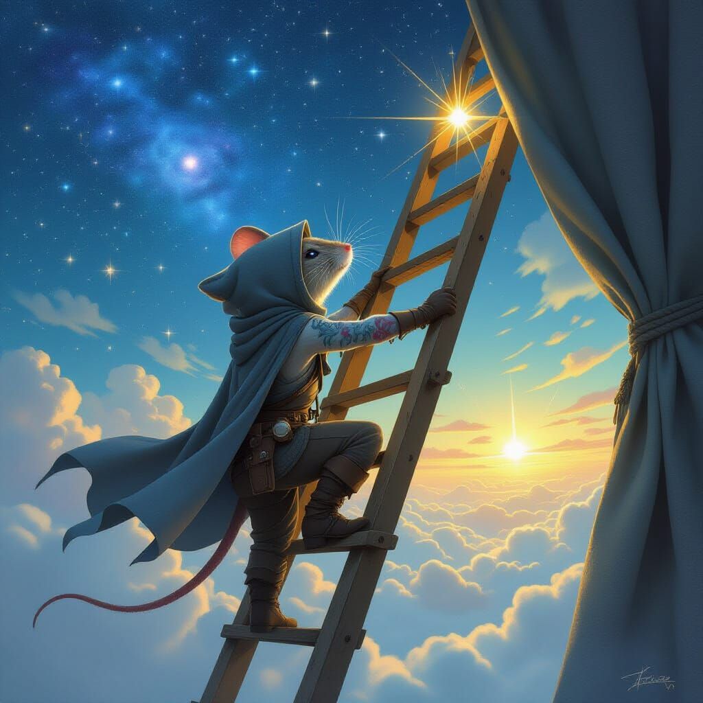 A highly detailed anthropomorphic mouse named Finn, tall and slender, dressed in worn traveler's clothes and a gray hooded cloak that covers...