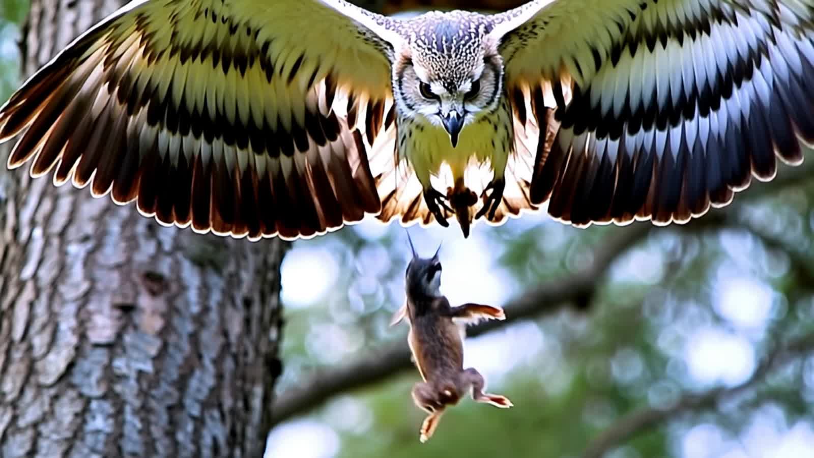 owl plays with shrew