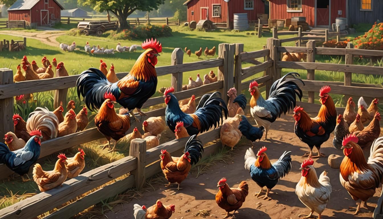 A row of cockrells sit along a fence,over looking the chicken pen with gnome farmer ffeeding grain to the chicks surrounded by the farm with...