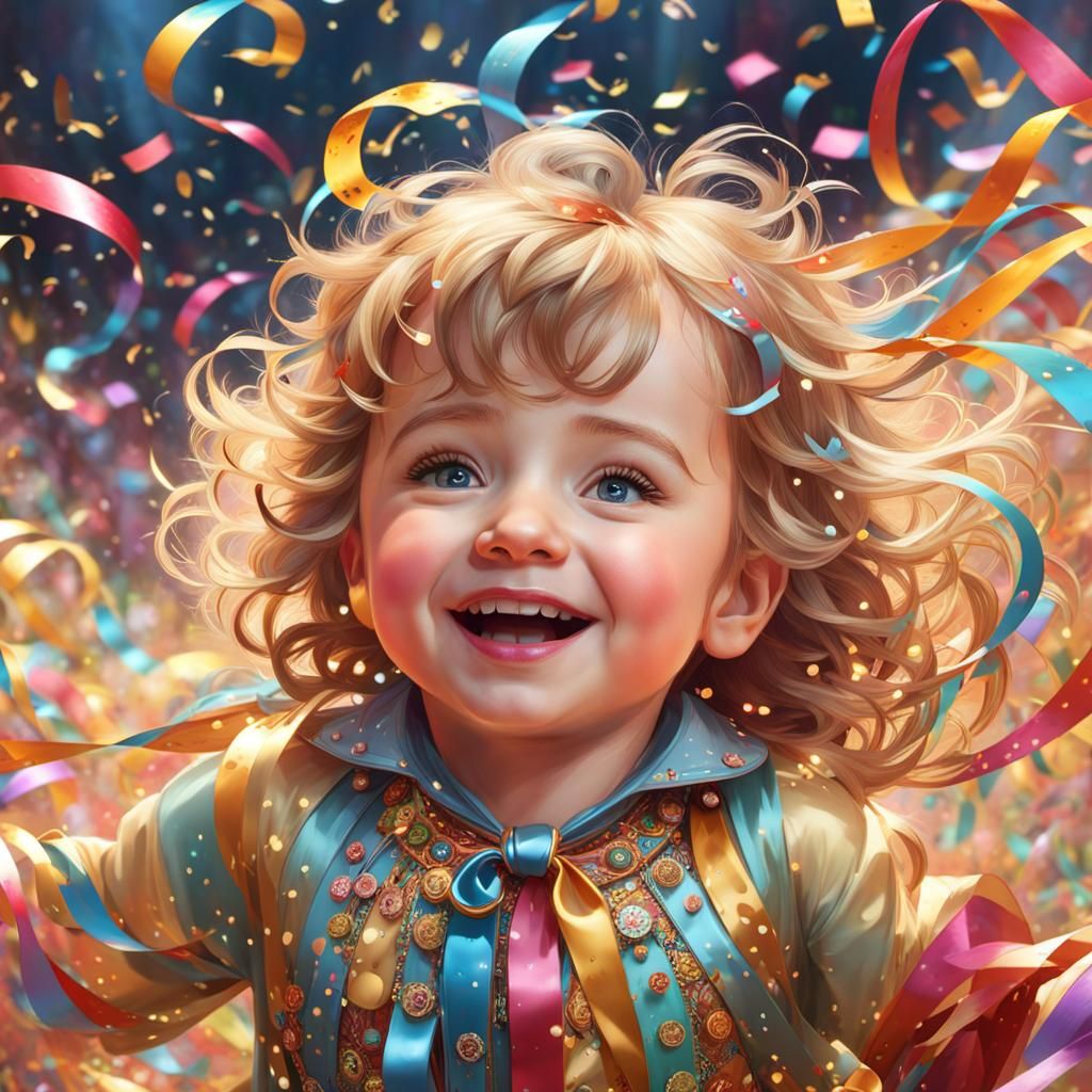 Gleaming happy toddler in colorful confetti ribbons showing joyous expression, 8k resolution concept ...  by @Lennis
