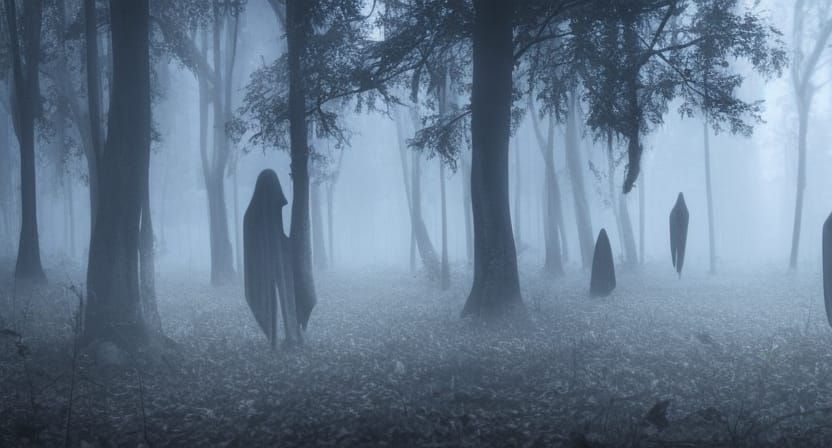 Ghosts in a misty morning forest.