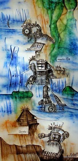 DaVinci robot dream flood ink drawing concept art watercolor
