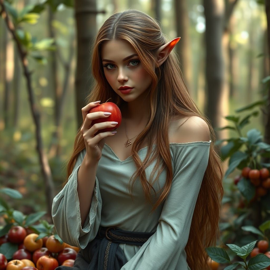 beautiful elf woman, long hair, tight but elegant elf clothes, slightly chubby belly, hungry, in a forest, eating an app...