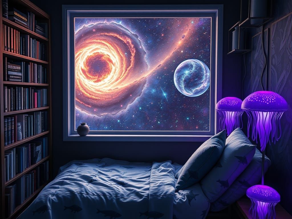 Digital matte painting. Medium shot.

A cozy reading nook that consists of electronic cyberpunk bookshelf, a windows seat next to a window p...