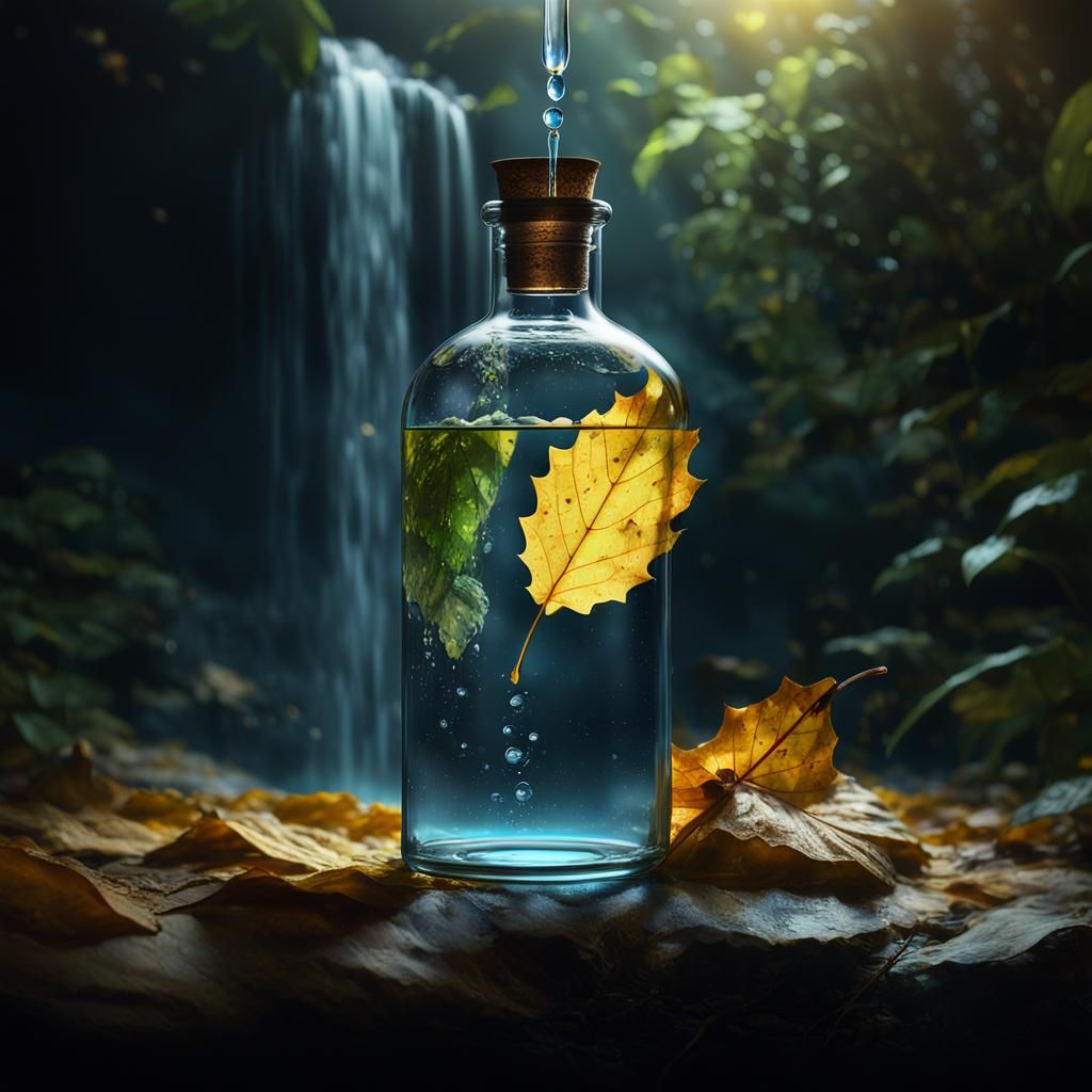Leaf in Bottle with Waterfall: Fantasy Concept Art