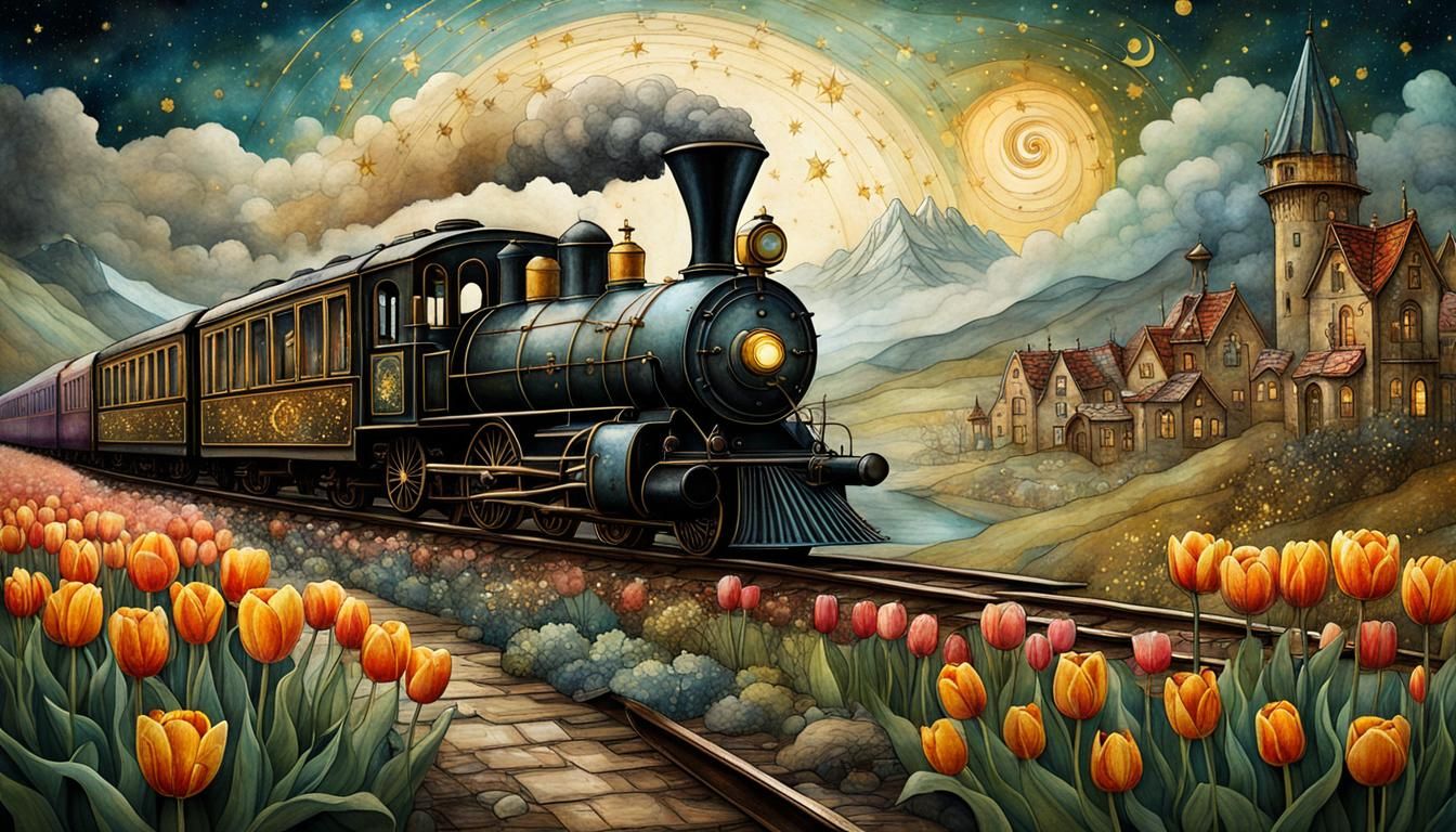 western steampunk landscape with train and town. Whimsical. By Beatrix Potter and Andy Kehoe. spring. ...  by @GoingJade