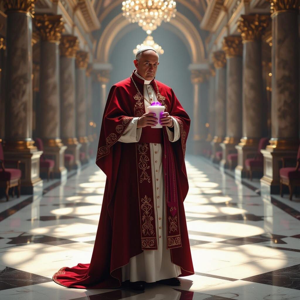 Pope in Crimson Robes with Satanic Motifs Holding Purple Dri...
