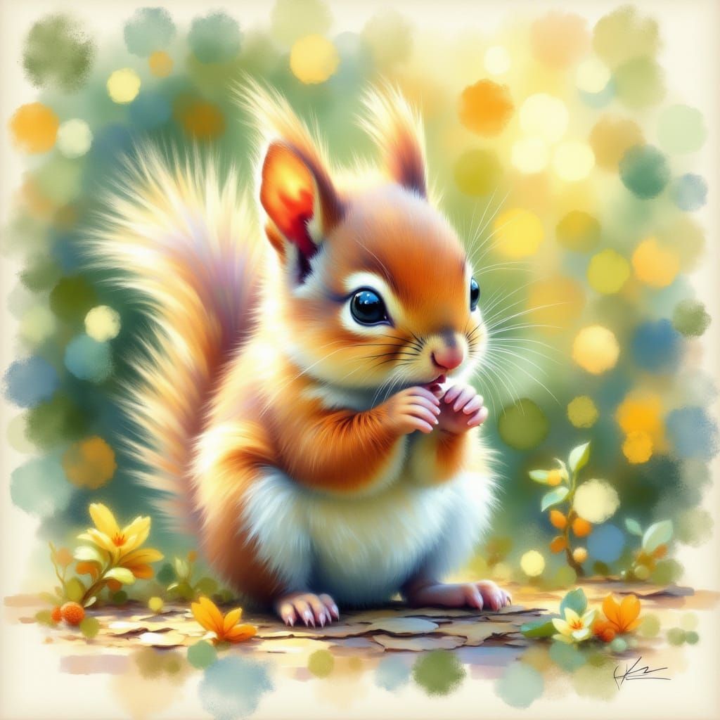 <lora:Ethereal Impressions:1.0> baby squirrel Quick Brushstrokes: short, choppy brushstrokes, often visible and unmixed, Broken Color: pure...